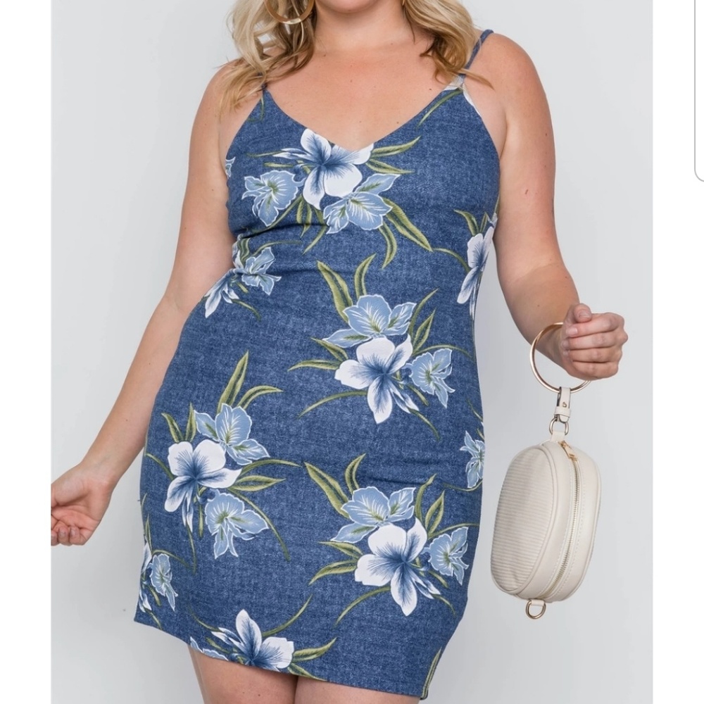 Plus Size Denim Blue Floral Bodycon Mini Dress